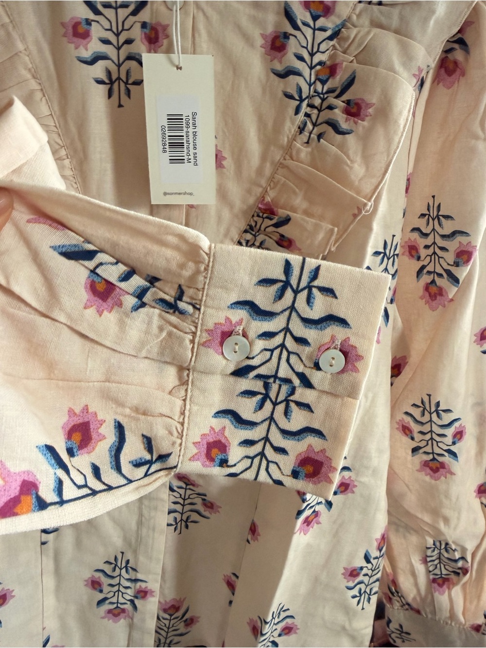 NWT Sonmer Sarah Blouse Sand Floral Print Ruffle Long Sleeve Cotton Blend - Picture 5 of 10